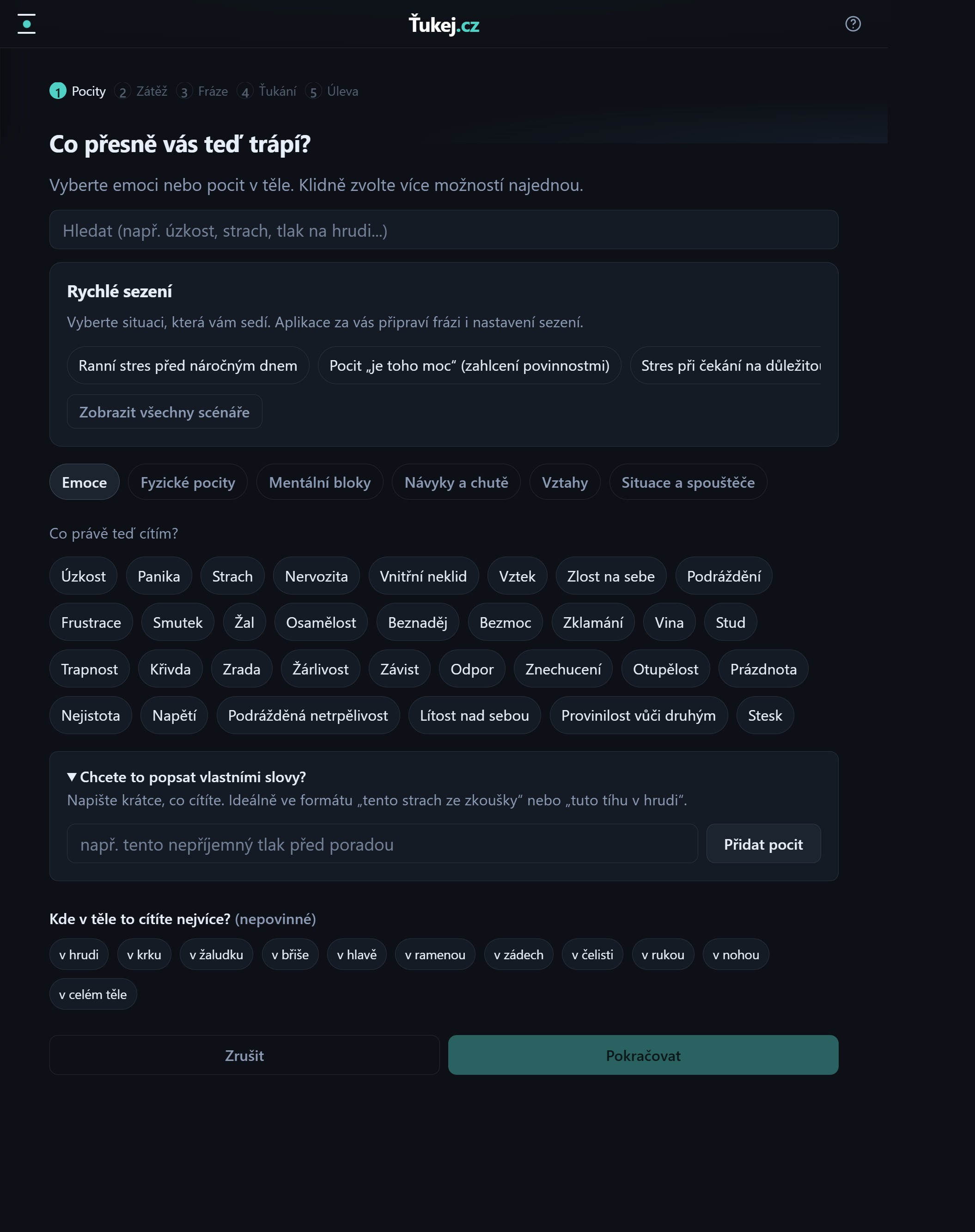 Screenshot of the feelings and quick scenarios screen in Tap Into Calm