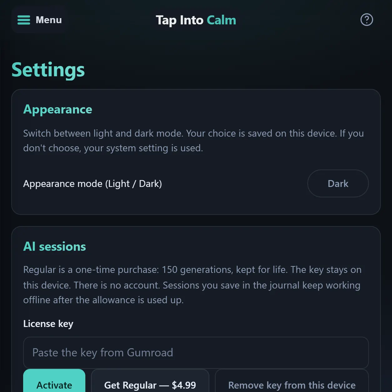 Settings for theme, reminders, and journal lock
